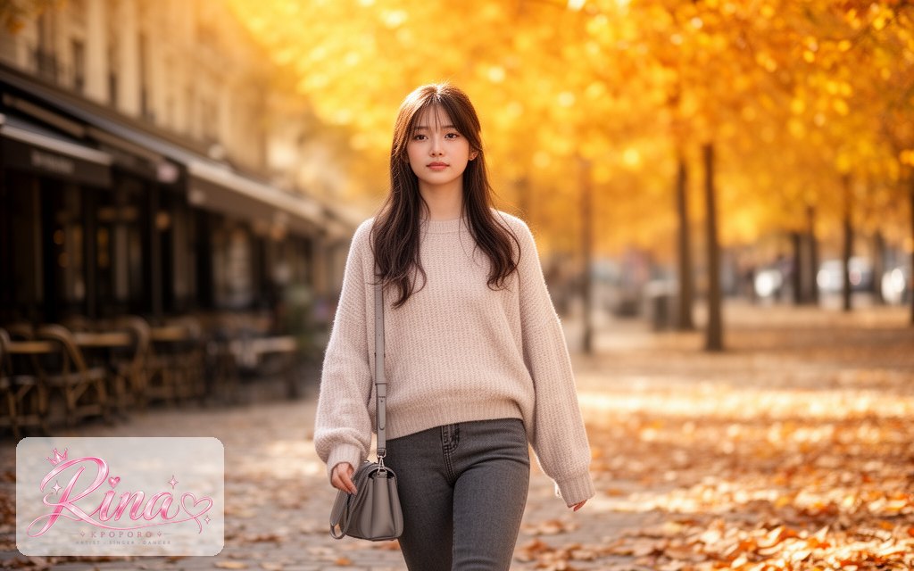 Rina, a POPORO CITY character, walking along a sunny autumn street lined with cafes