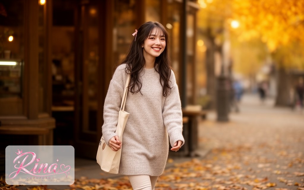 Rina, a POPORO CITY character, stepping out of a street-side cafe on an autumn afternoon