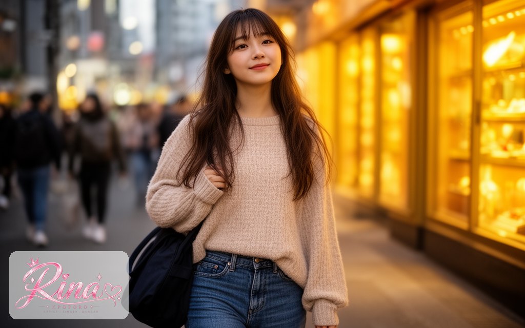 Rina, a POPORO CITY character, walking along a lively city street in warm early-evening light