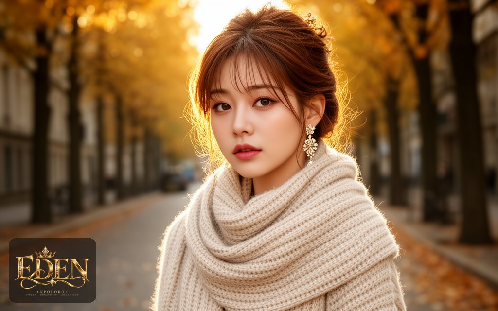 Eden, a POPORO CITY character, walking along a tree-lined autumn street in golden afternoon light
