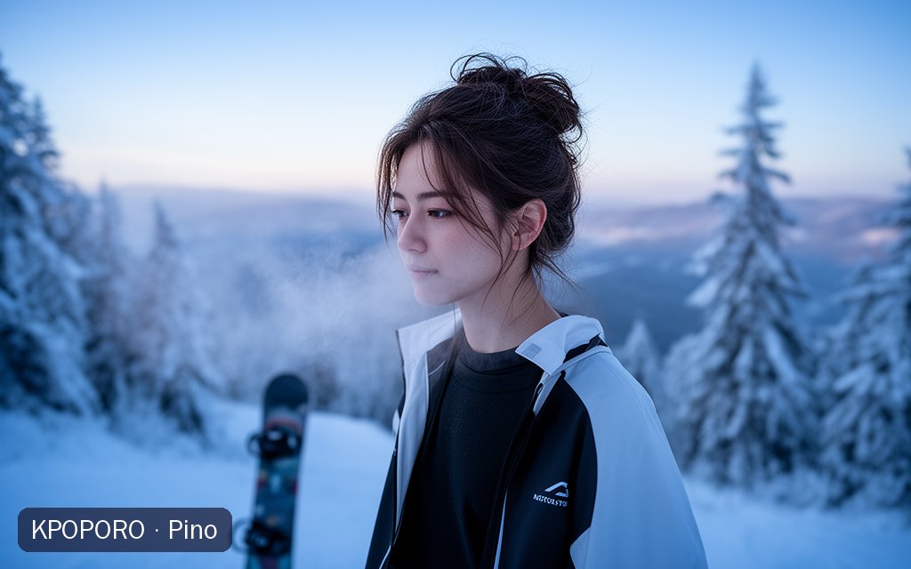 Pino, a POPORO CITY character, standing at the top of a snowy slope in soft early-morning light