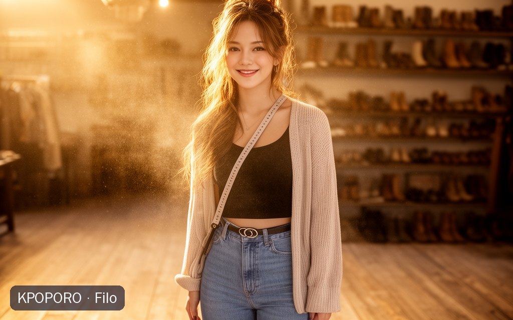 Filo, a POPORO CITY character, standing in a sunlit western-style boutique in warm afternoon light
