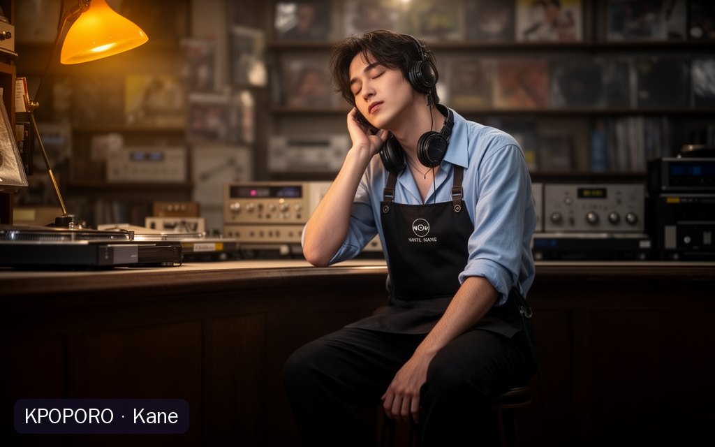 Kane, a POPORO CITY character, listening on earphones behind the counter of a small music shop at evening