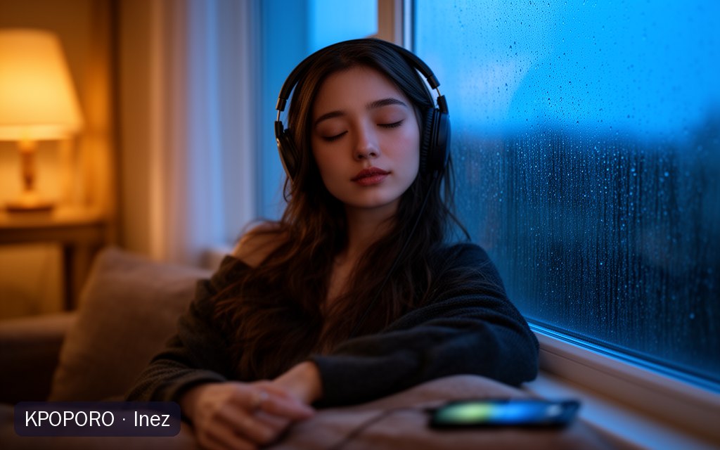 Inez, a POPORO CITY character, listening to music on headphones by a rainy window at dusk