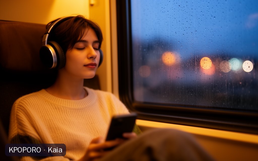 Kaia, a POPORO CITY character, listening to music with headphones by a rainy train window in the evening