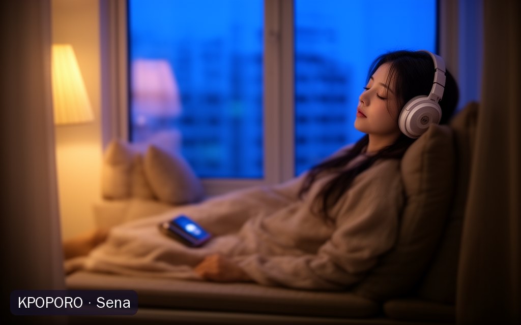 Sena, a POPORO CITY character, relaxing on a window seat at dusk with headphones on