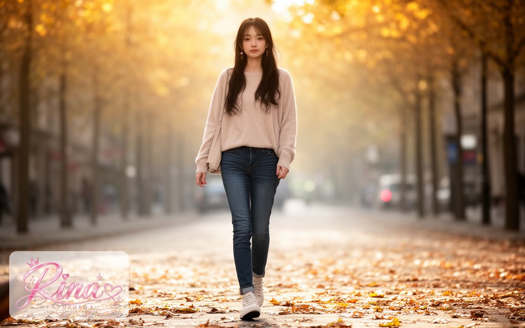 Rina, a POPORO CITY character, walking along a sunlit city street on a crisp autumn morning