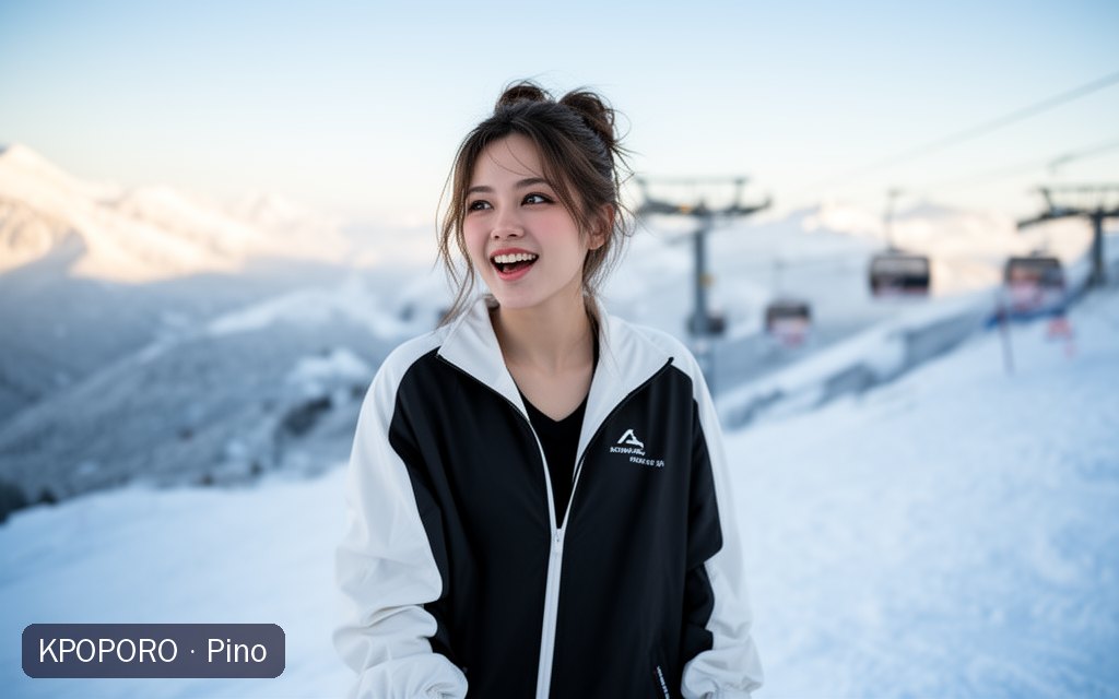 Pino, a POPORO CITY character, standing on a snowy mountain ridge on a bright winter morning