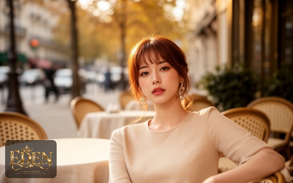Eden, a POPORO CITY character, relaxing on a sunlit cafe terrace on an autumn morning