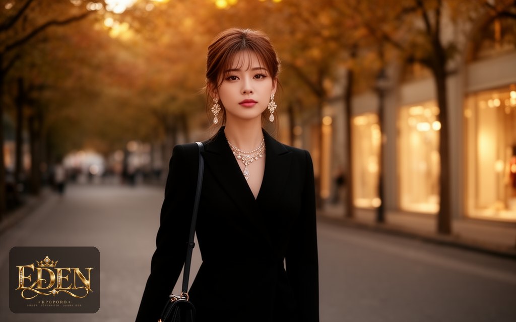 Eden, a POPORO CITY character, walking along a tree-lined boulevard in autumn evening light