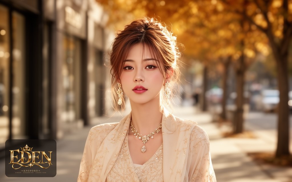 Eden, a POPORO CITY character, walking along a sunlit city sidewalk on an early autumn afternoon