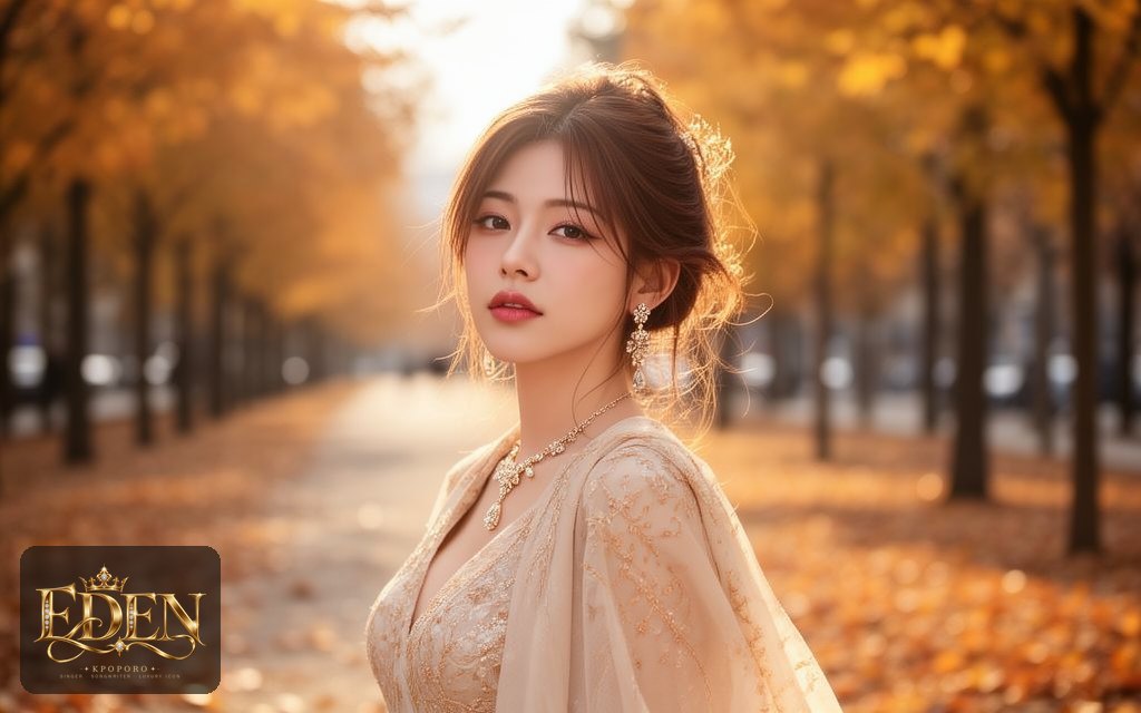Eden, a POPORO CITY character, strolling along a sunlit autumn boulevard