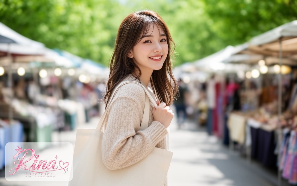 Rina, a POPORO CITY character, walking through a sunny weekend street market
