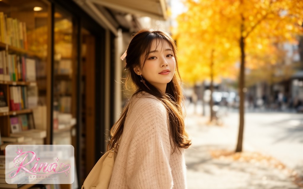 Rina, a POPORO CITY character, walking along a sunny bookshop and cafe street on an autumn afternoon