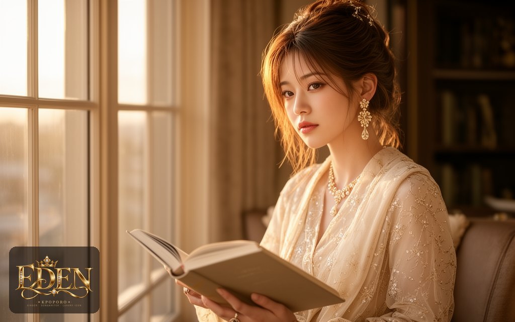 Eden, a POPORO CITY character, reading by a tall window in a quiet lounge at golden hour