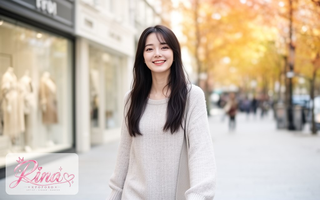 Rina, a POPORO CITY character, walking along a bright boutique street on an autumn morning