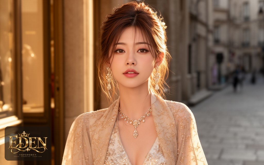 Eden, a POPORO CITY character, stepping out of a sunlit boutique onto a quiet stone street in late afternoon