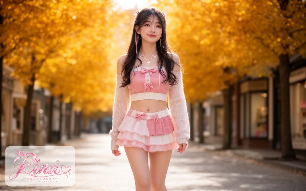Rina, a POPORO CITY character, walking along a sunny autumn street lined with golden trees and boutique windows