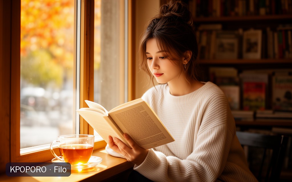 Filo, a POPORO CITY character, reading by a sunny window in a cozy bookshop cafe