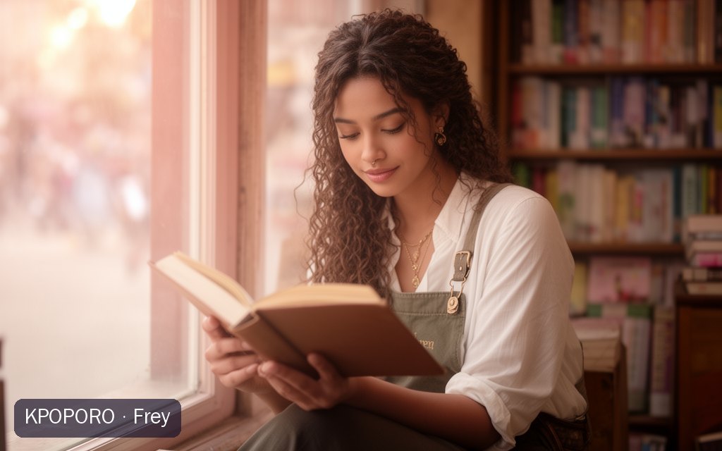 Frey, a POPORO CITY character, reading by a bookstore window in late-afternoon light