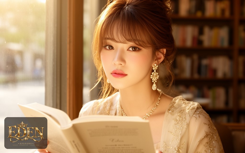 Eden, a POPORO CITY character, reading a paperback by a sunny bookshop cafe window