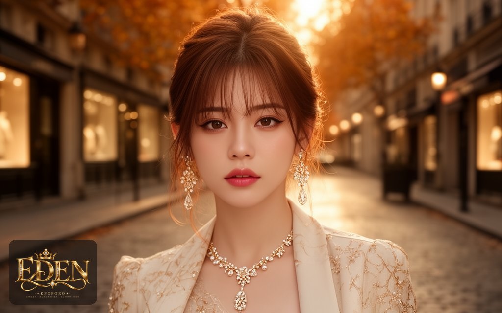 Eden, a POPORO CITY character, stepping out onto a quiet boutique street at golden hour