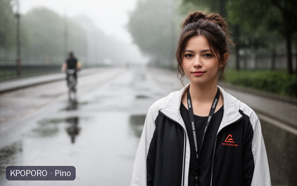 Pino, a POPORO CITY character, standing by a wet city bike path after morning rain