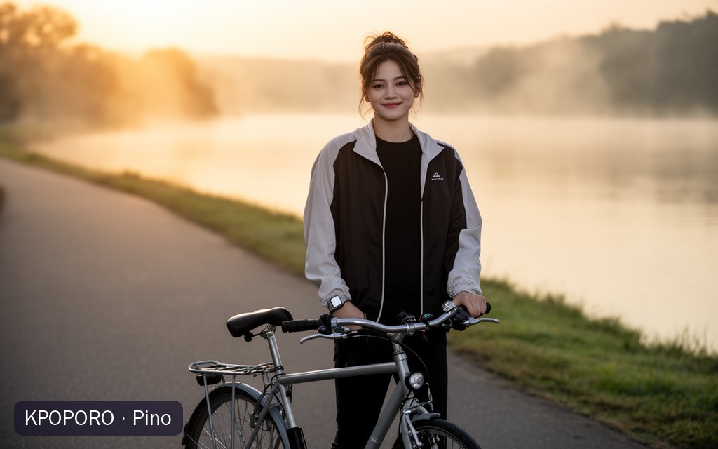Pino, a POPORO CITY character, beside a bicycle on a misty riverside path at sunrise
