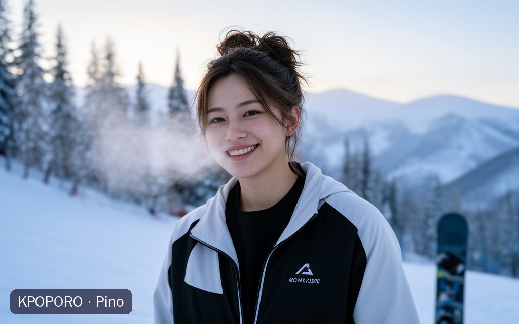 Pino, a POPORO CITY character, standing on a snowy mountain slope in soft early-morning light