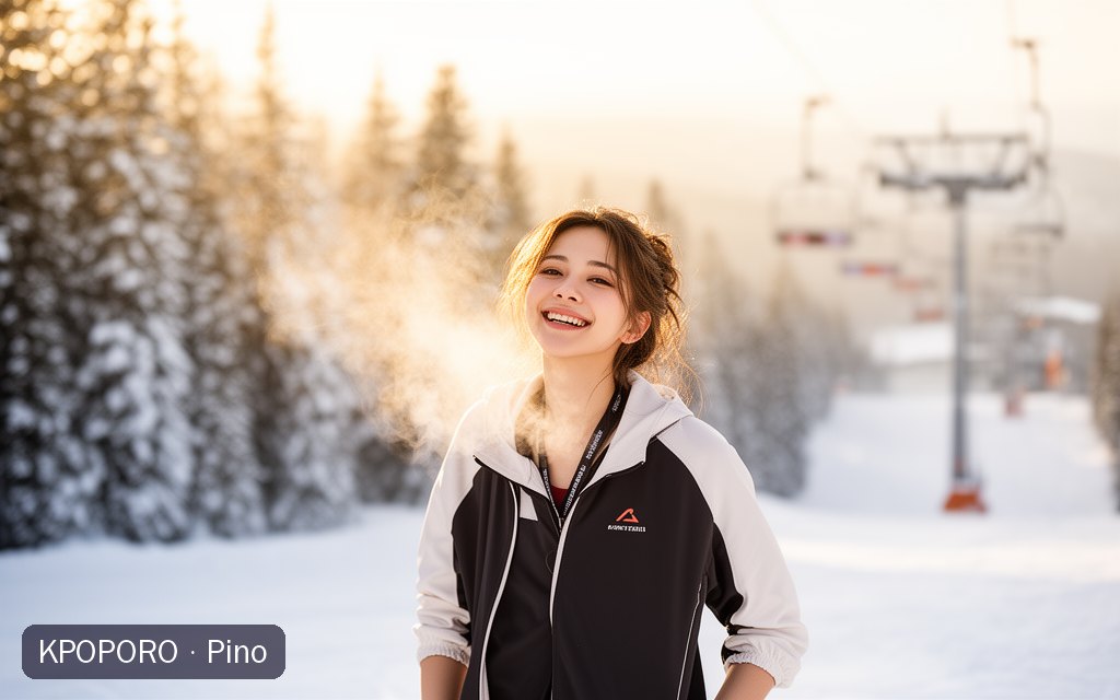 Pino, a POPORO CITY character, standing at the top of a snowy ski slope on a bright winter morning