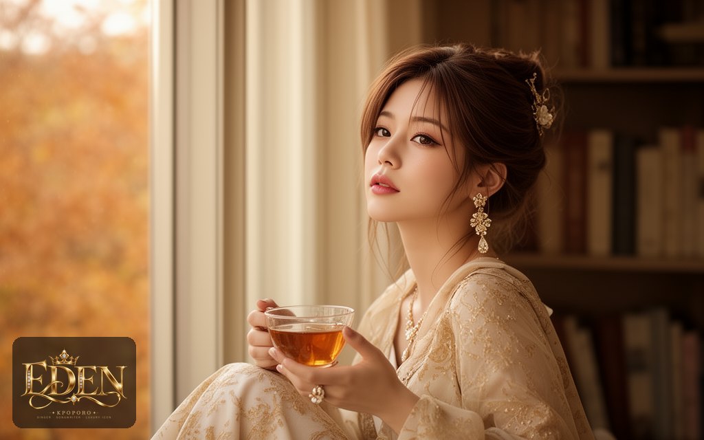 Eden, a POPORO CITY character, sitting by a tall window with a cup of tea in soft autumn light