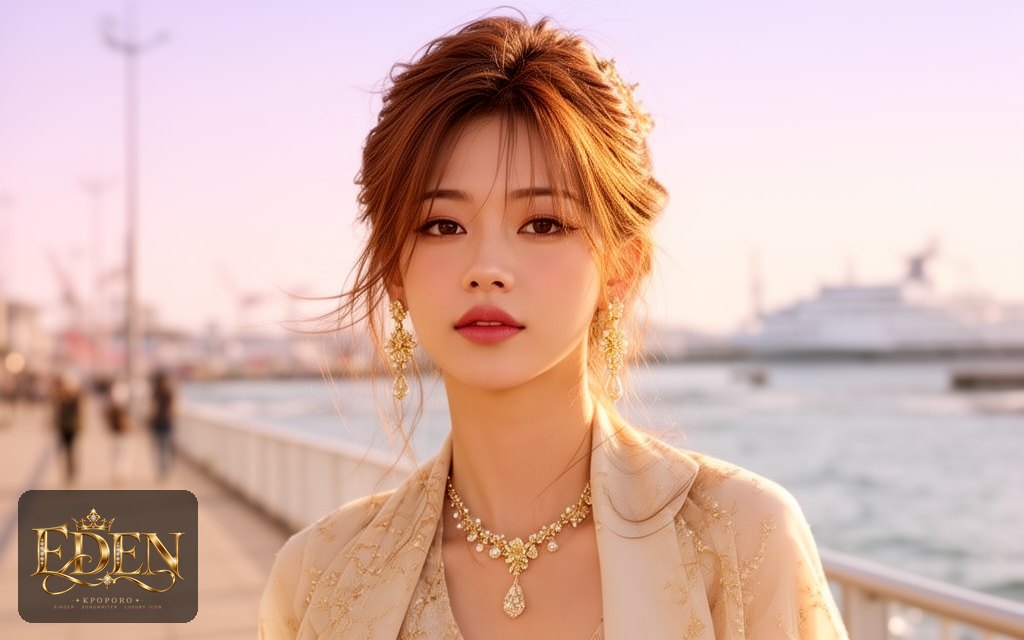 Eden, a POPORO CITY character, strolling along a sunlit seaside promenade