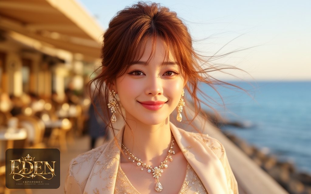 Eden, a POPORO CITY character, strolling along a sunny seaside promenade on an autumn afternoon