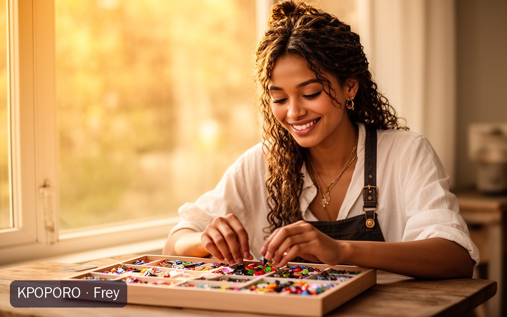 Frey, a POPORO CITY character, sorting small colorful pieces at a sunny wooden table