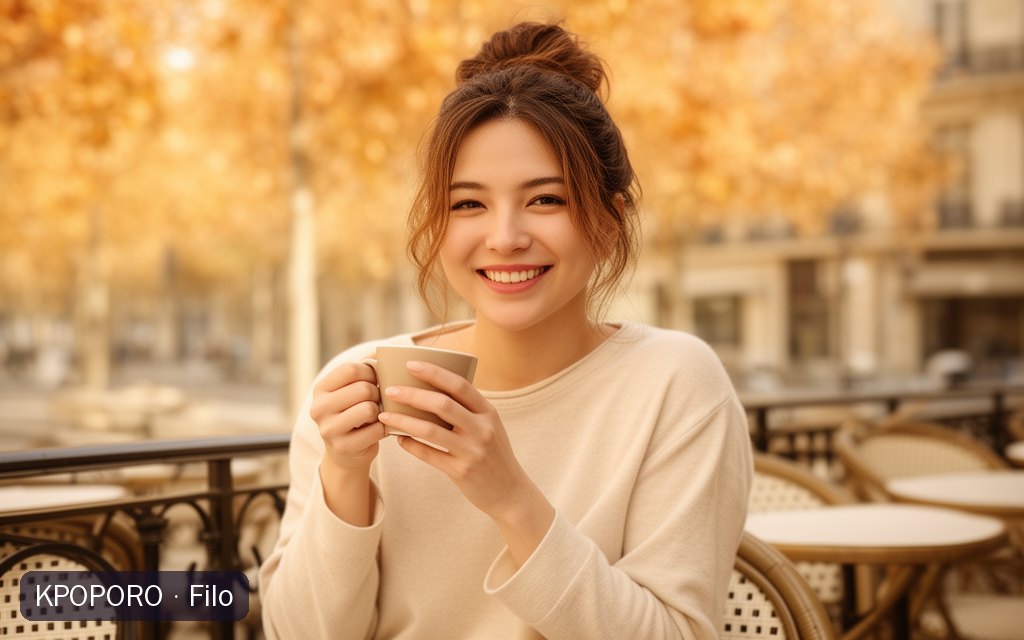 Filo, a POPORO CITY character, relaxing on a sunlit cafe terrace on an autumn morning
