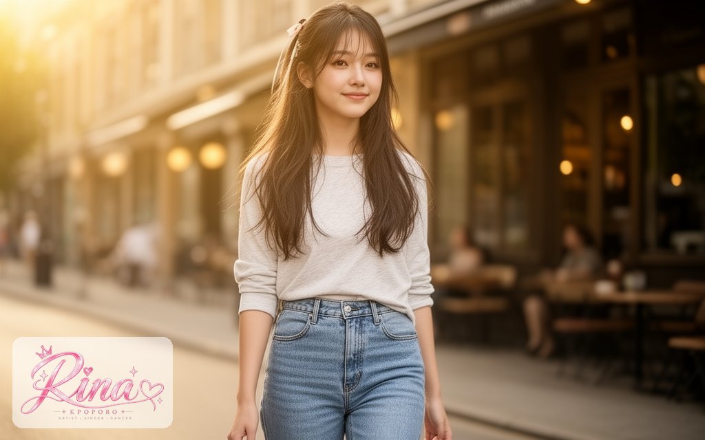 Rina, a POPORO CITY character, walking along a sunlit city street on a relaxed weekend morning