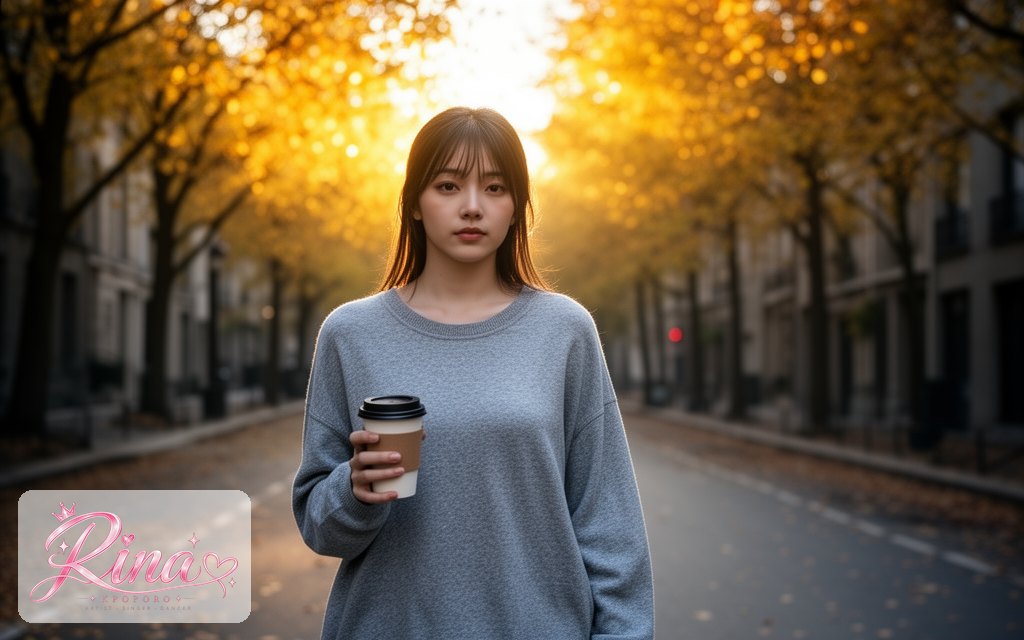 Rina, a POPORO CITY character, walking down a tree-lined street on a cool autumn morning with a coffee