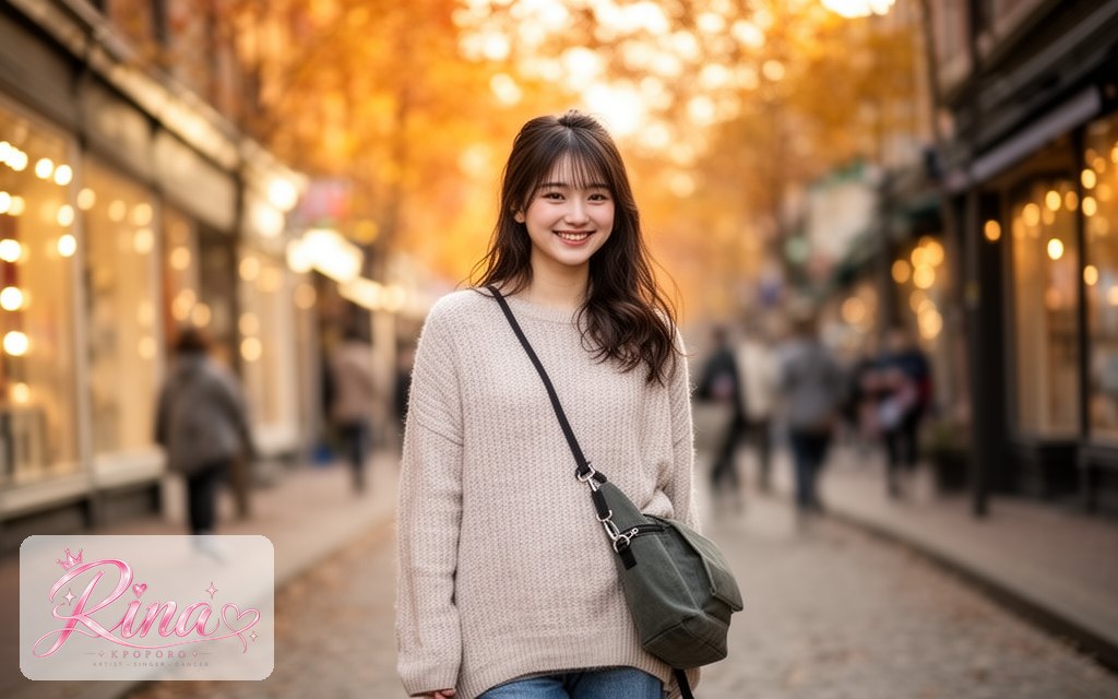 Rina, a POPORO CITY character, walking down a city side street on an autumn afternoon with a crossbody bag