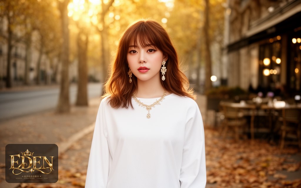 Eden, a POPORO CITY character, walking along a tree-lined city street on an autumn afternoon