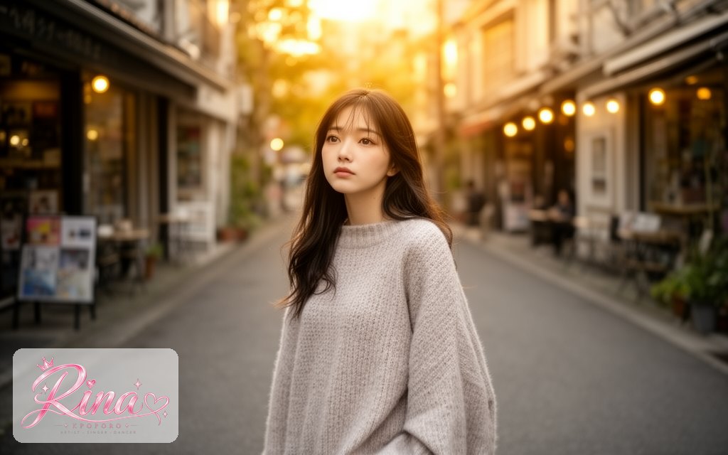 Rina, a POPORO CITY character, walking down a quiet street of record shops and cafes in late afternoon light