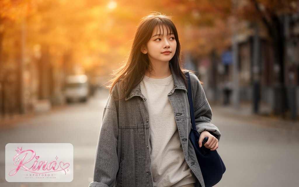 Rina, a POPORO CITY character, walking down a city street on an autumn afternoon