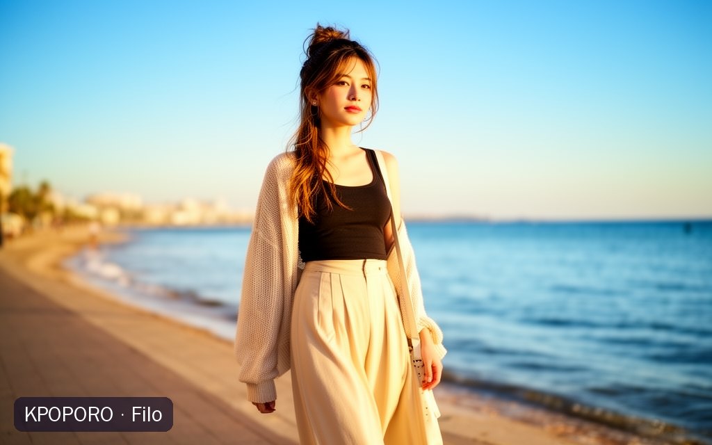 Filo, a POPORO CITY character, strolling along a sunny seaside promenade in warm late-afternoon light
