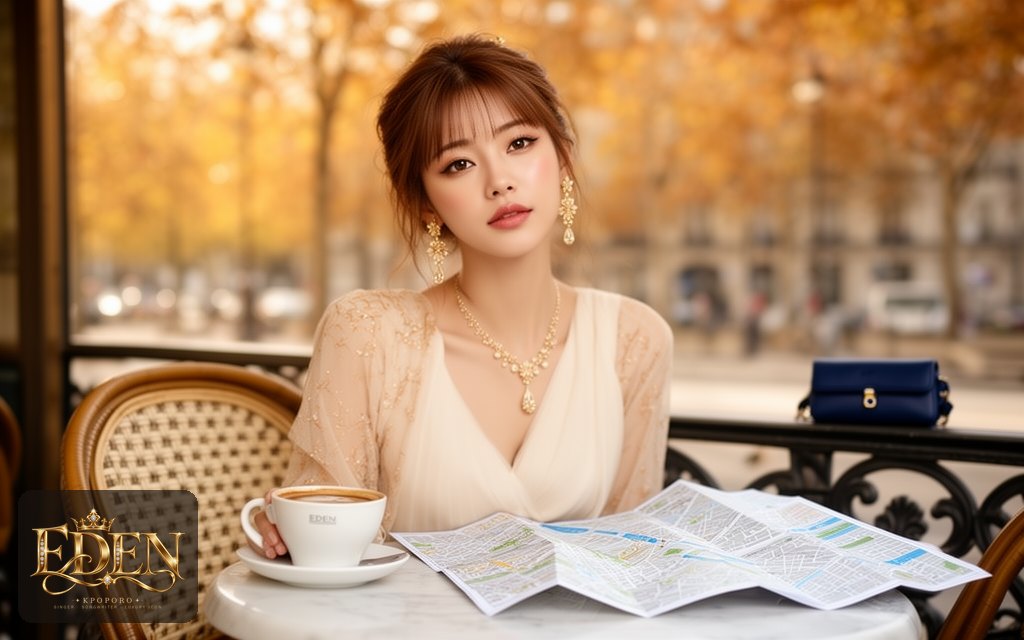Eden, a POPORO CITY character, sitting at a sunlit cafe terrace table in autumn with coffee and a city map