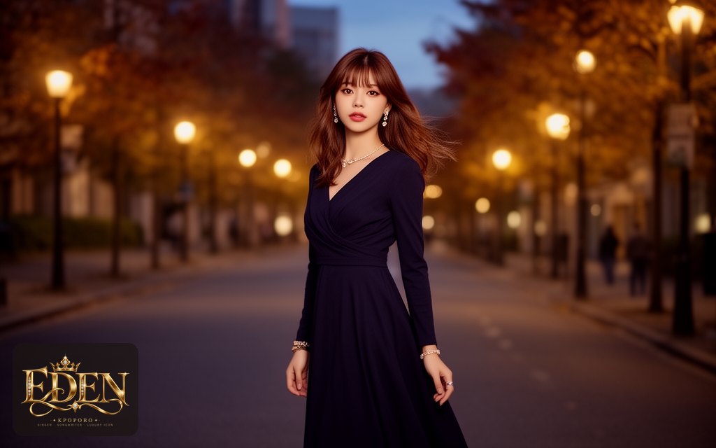 Eden, a POPORO CITY character, stepping out of a softly lit gallery onto a quiet evening street
