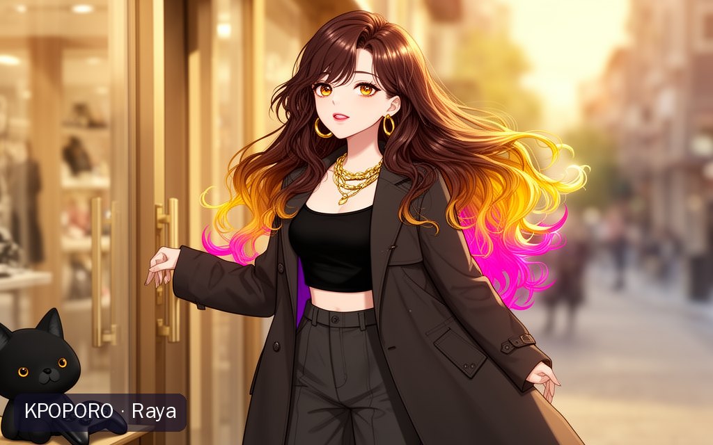 Raya, a POPORO CITY character, stepping out of a sunlit city boutique on a warm afternoon
