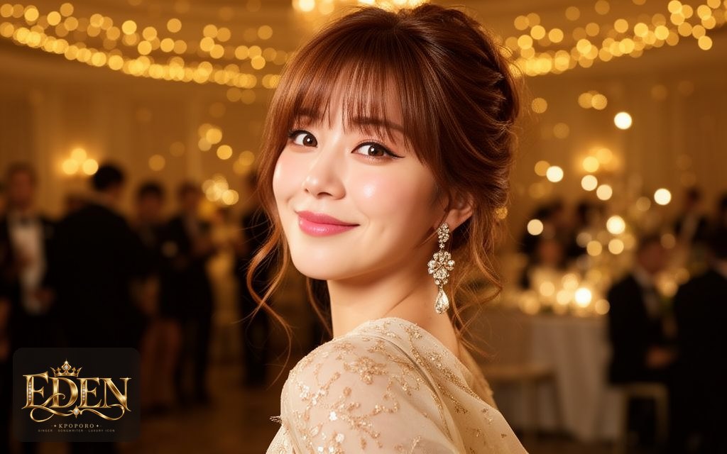 Eden, a POPORO CITY character, at an elegant evening party under warm golden lights