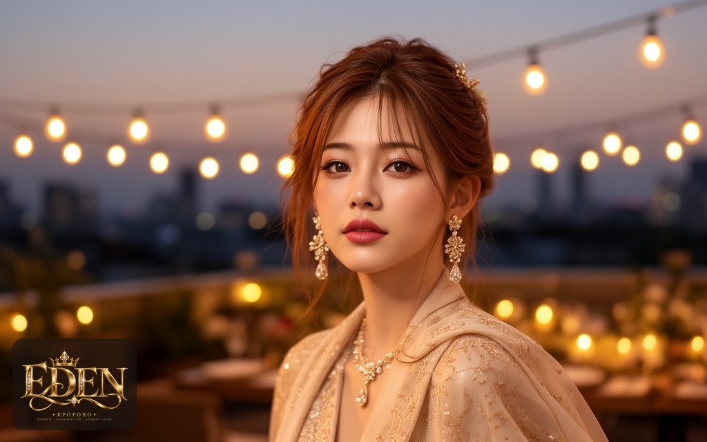 Eden, a POPORO CITY character, on a softly lit rooftop terrace at dusk before an evening dinner