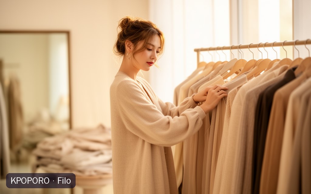 Filo, a POPORO CITY character, adjusting a clothing rack in a bright boutique in late afternoon light