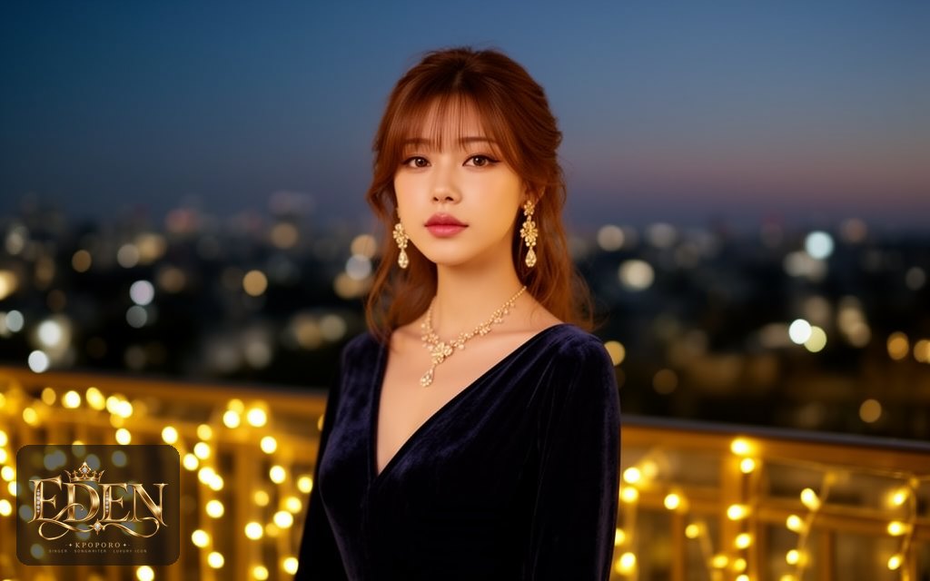 Eden, a POPORO CITY character, on a softly lit hotel terrace at dusk before an evening event