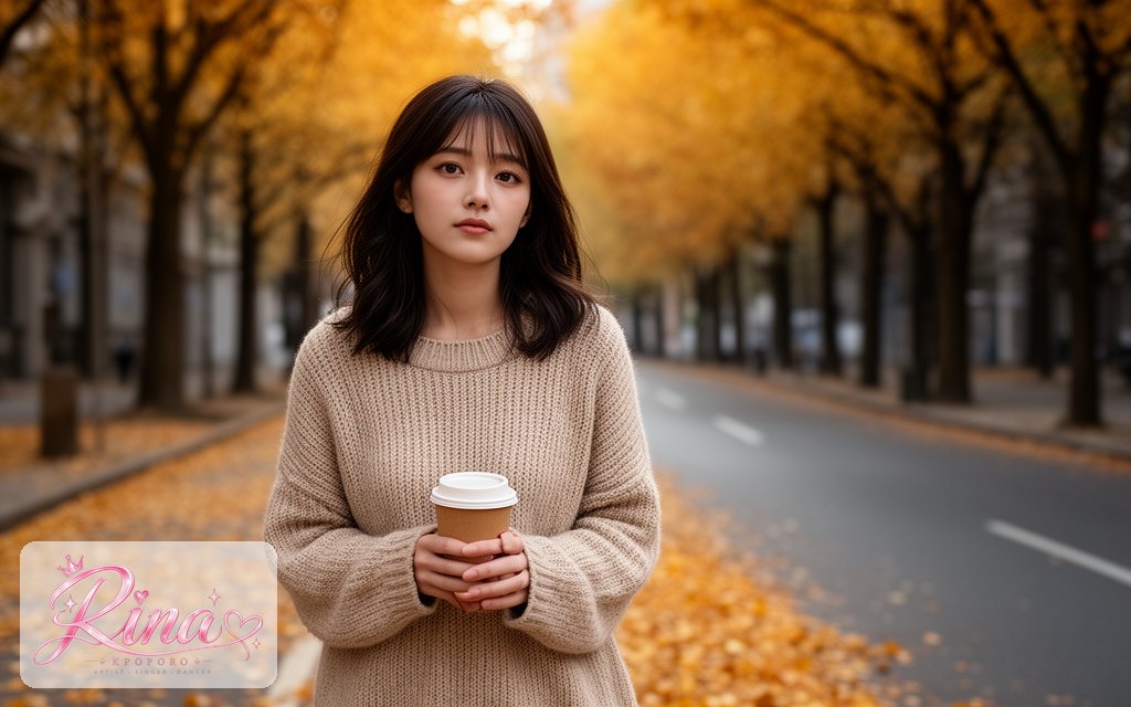 Rina, a POPORO CITY character, walking along a tree-lined street on a crisp autumn afternoon
